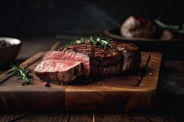 Un bistec en una tabla de madera con una ramita de romero