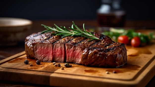 Un bistec en una tabla de madera con una ramita de romero.