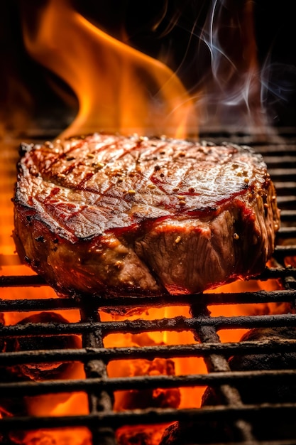 Bistec de ternera cocinando sobre una parrilla en llamas Comida gourmet Comida deliciosa IA generativa