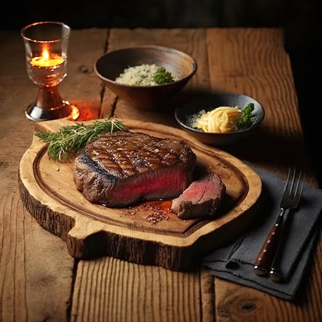 Un bistec de ternera en la mesa de madera