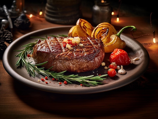 Bistec de ternera a la parrilla con pimiento rojo y condimentos aromáticos