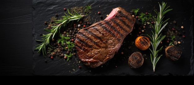 bistec de ternera a la parrilla sazonado con hierbas y especias en una mesa oscura vista desde arriba