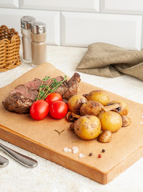 Bistec de ternera con patatas asadas y champiñones. Decorado con hierbas y tomates cherry. Servido sobre una tabla de madera. De cerca.