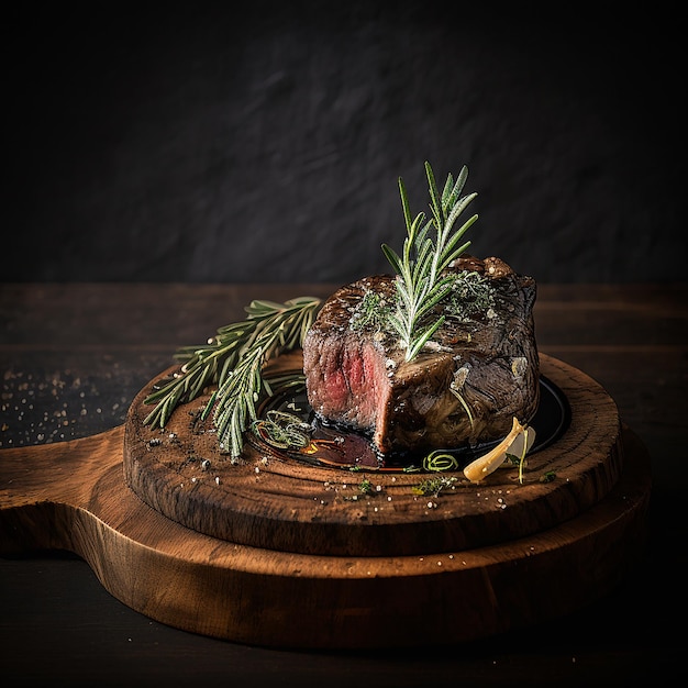 Bistec de ternera con ramitas de romero sobre una tabla de madera negra Ilustración Generativa AI