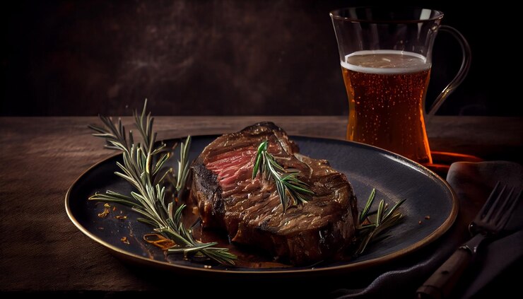 Bistec de ternera con vaso de cerveza y romero en una mesa de madera ai generativo