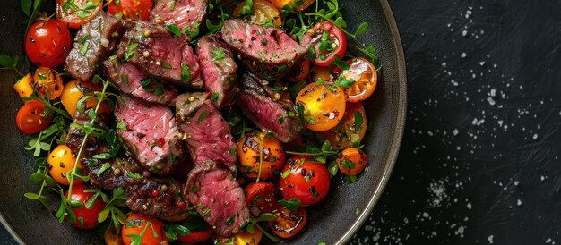 bistec y tomates de cereza en la sartén