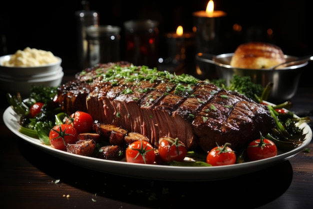 Bistec con tomates y espárragos en un plato durante la noche IA generativa