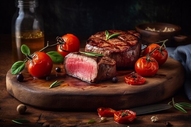 Un bistec con un trozo de carne sobre una tabla de madera con tomates y aceitunas.