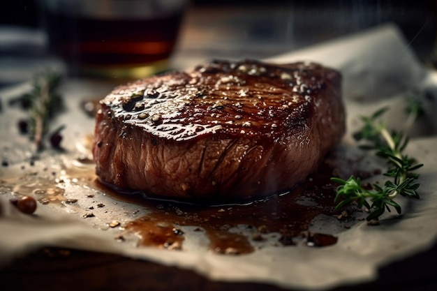 Un bistec con un vaso de cerveza al lado.