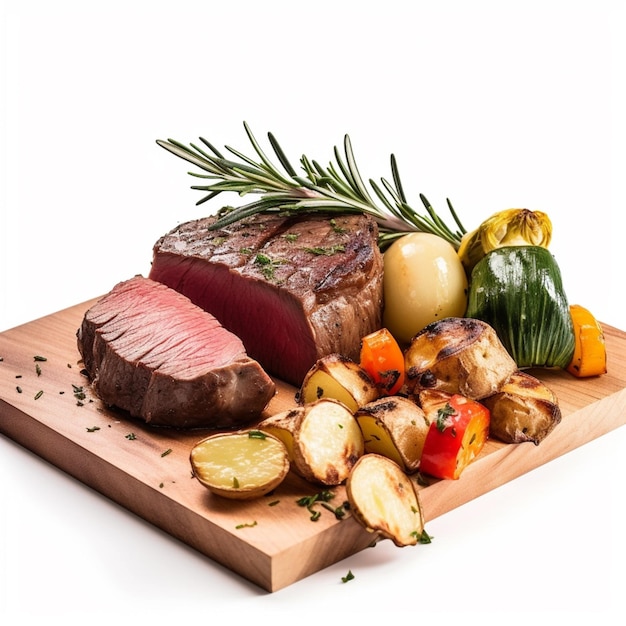 Un bistec con verduras y carne en una tabla para cortar