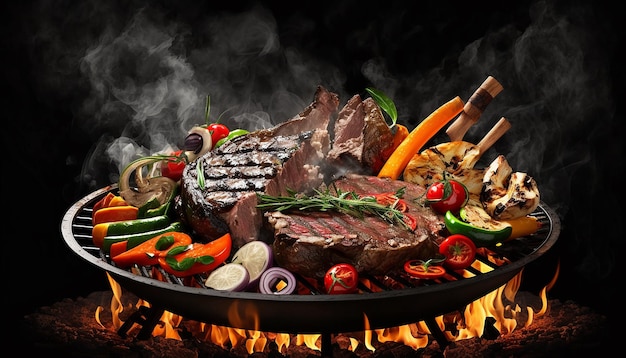 El bistec con verduras se fríe a las brasas sobre un fondo negro AI generativa
