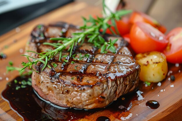 bistec con verduras en un plato blanco