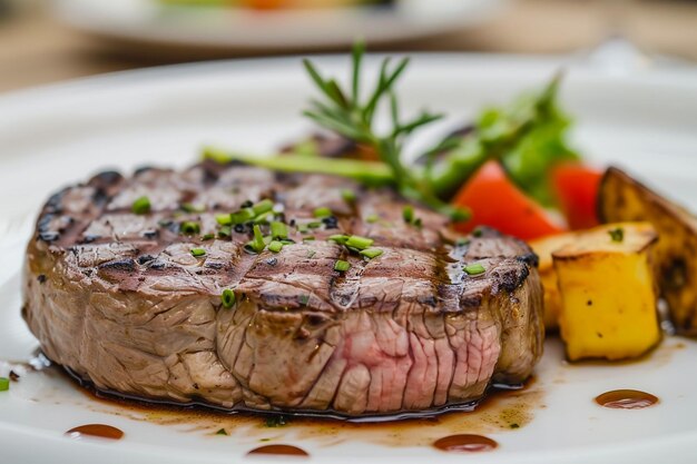 Foto bistec con verduras en un plato blanco