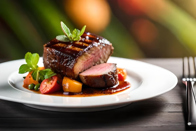 bistec con verduras en un plato