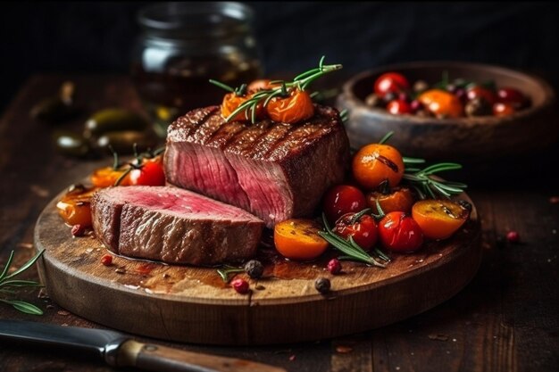 Un bistec con verduras en una tabla de madera