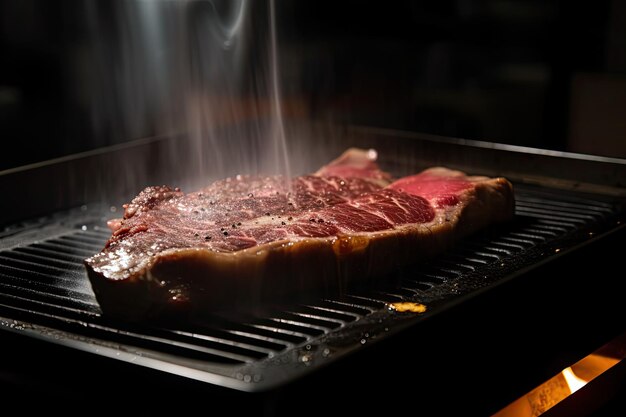 Bistec wagyu chisporroteante en un plato caliente listo para ser cocinado