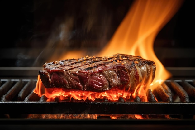 Bistec wagyu a la parrilla caliente con llamas en aumento