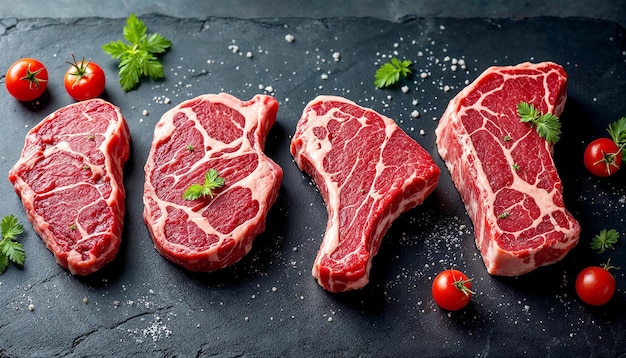 bistecs de carne cruda dispuestos en una superficie oscura
