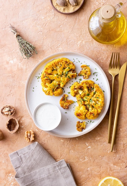 bistecs de coliflor con salsa blanca alimentación saludable comida vegetariana