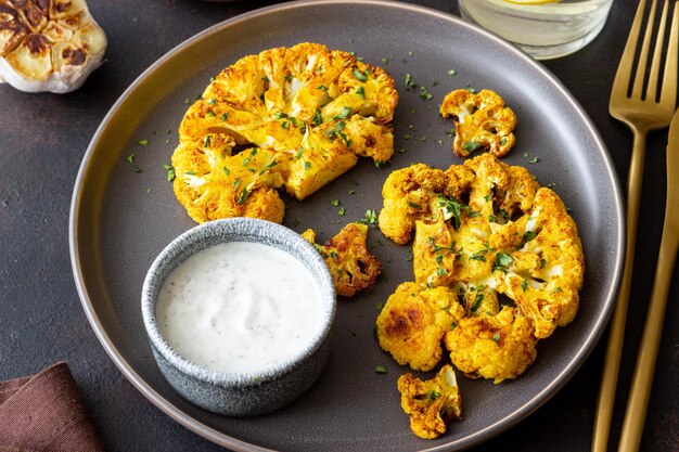 Foto bistecs de coliflor con salsa blanca alimentación saludable comida vegetariana