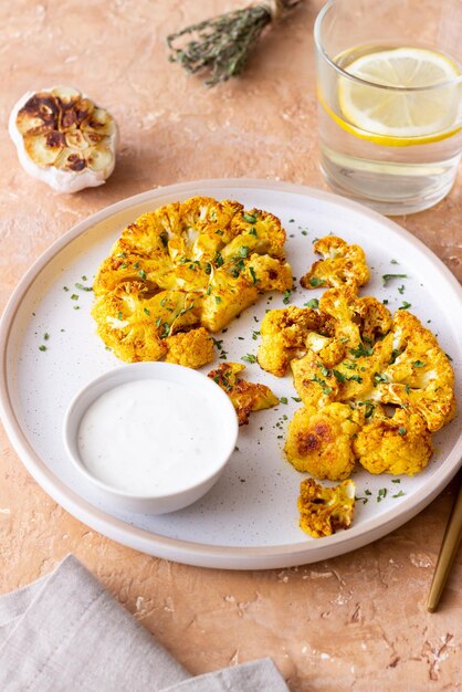 bistecs de coliflor con salsa blanca alimentación saludable comida vegetariana