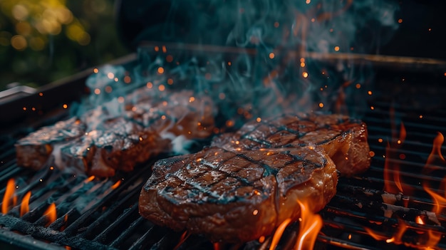 Foto bistecs hirviendo a la parrilla sobre llamas abiertas al anochecer