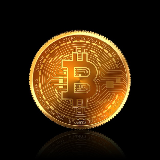 Bitcoin 3D aislado sobre fondo negro con trazado de recorte.