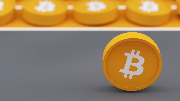 Bitcoin 3D-Symbol auf gelber und grauer Farbe Laufbahnkonzept 3D-Illustration