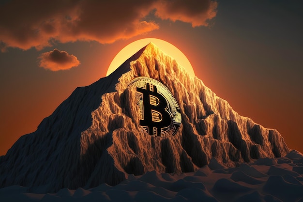 Bitcoin al pie de la montaña al atardecer IA generativa