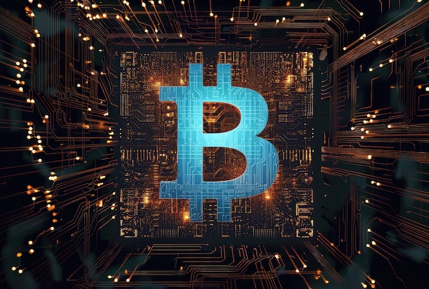 Bitcoin azul en el circuito de la computadora