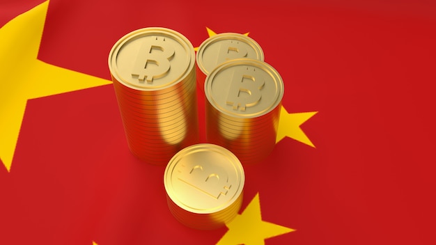 El bitcoin en la bandera china por concepto de tecnología o negocio representación 3d