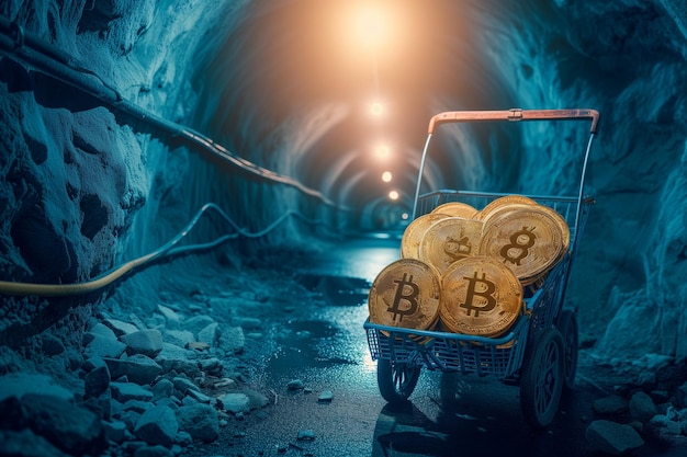 Bitcoin-Bergbau in der Mine ein Wagen mit Münzen