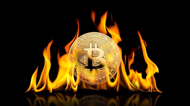 Bitcoin bit coin BTC cryptocurrency dinero ardiendo en llamas sobre fondo negro