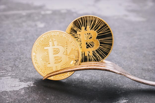 Bitcoin y BitcoinCash Hard Fork imagen del concepto de Criptomoneda dorada