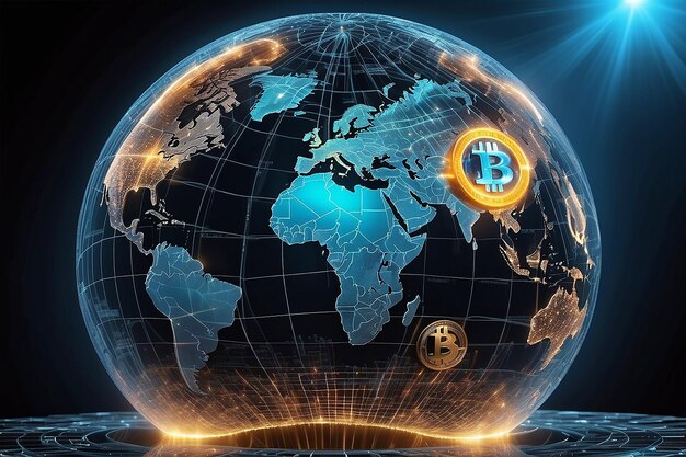 Bitcoin y blockchain Criptomoneda electrónica y tecnología moderna World Wide Web Holograma con un globo del mundo