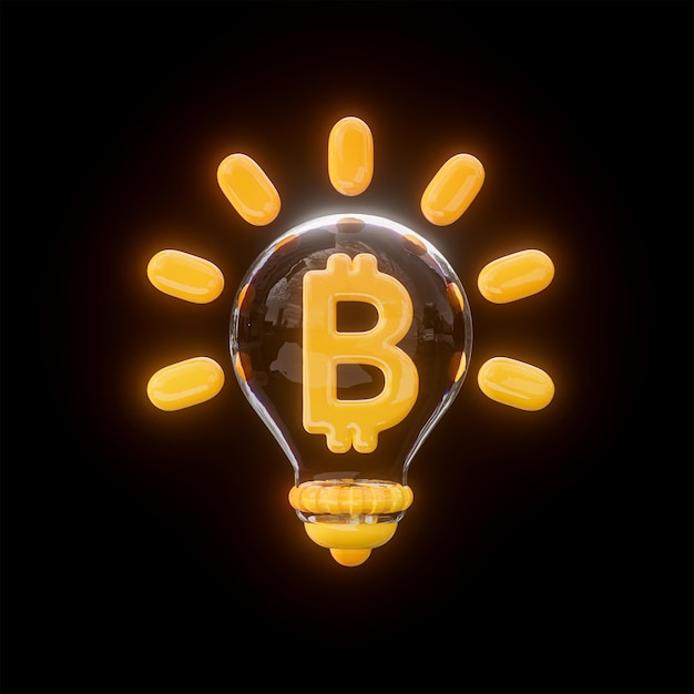 Bitcoin bombilla brillante neón brillante signo realista sobre fondo negro 3d render concepto