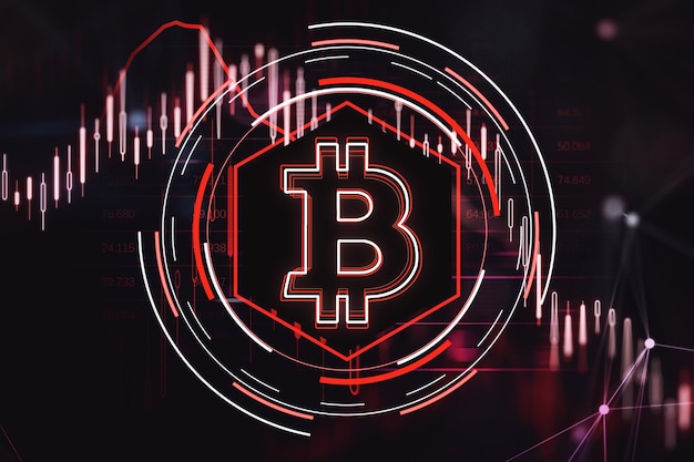 Bitcoin brillante creativo con gráfico de velas rojas hacia abajo sobre fondo oscuro Cripto de crisis financiera y concepto de recesión Representación 3D