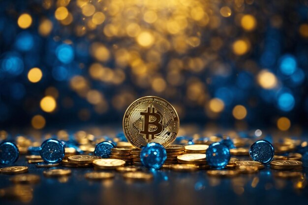 Un Bitcoin brillante rodeado de brillantes monedas azules y doradas
