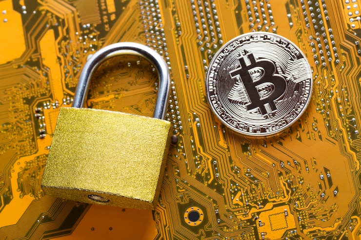 Foto bitcoin con candado en la placa base de la computadora. concepto de seguridad de la información de privacidad de datos de internet cripto moneda.