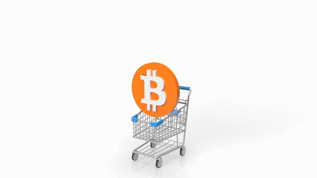 El bitcoin en el carrito de la compra sobre fondo blanco para el concepto de criptomoneda representación 3d