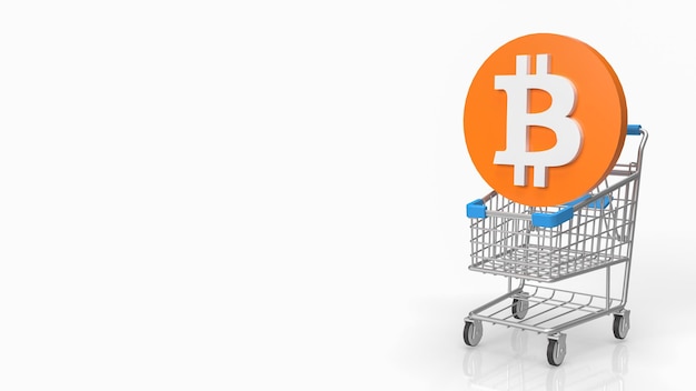 El bitcoin en el carrito de la compra sobre fondo blanco para el concepto de criptomoneda representación 3d