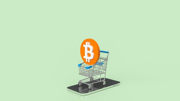 El bitcoin en el carrito de la compra y el teléfono móvil para la representación 3d del concepto de criptomoneda