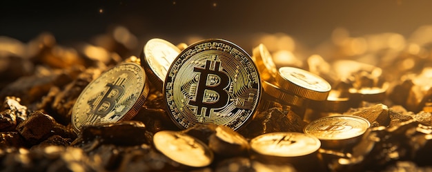 Bitcoin de cerca con fondo de oro Cambio de criptomonedas BTC