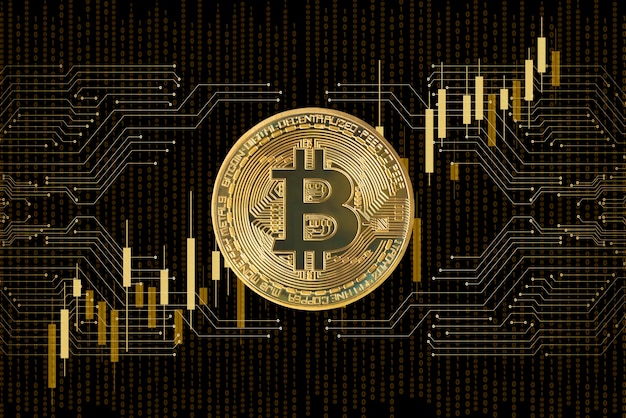 Bitcoin en circuitos impresos abstractos y gráfico de barras sobre fondo negro