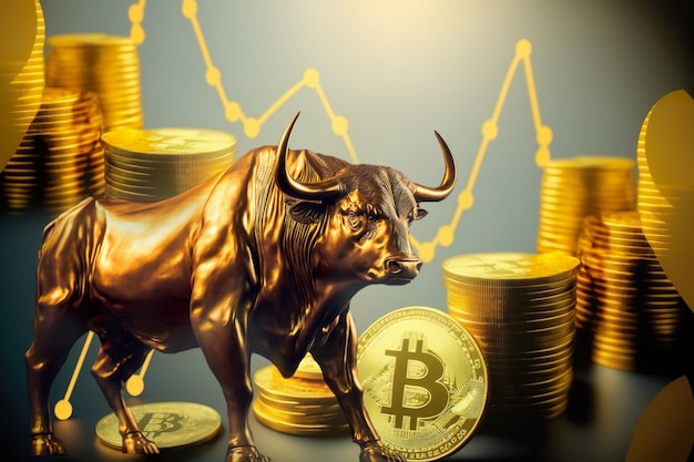 Bitcoin Coin Golden Bull und Aktienchart Bullischer Markt von BTC Generierte KI