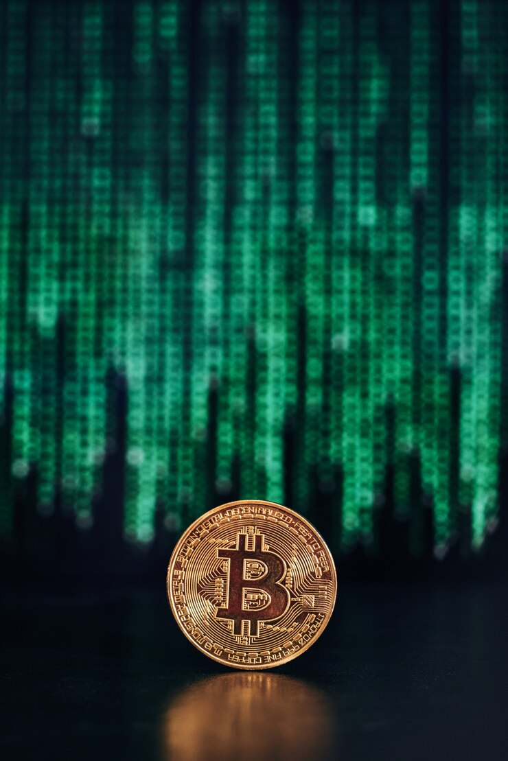 Foto bitcoin com código na superfície