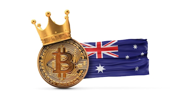 Bitcoin com coroa de ouro e conceito de rei de criptomoeda de bandeira austrália d renderização