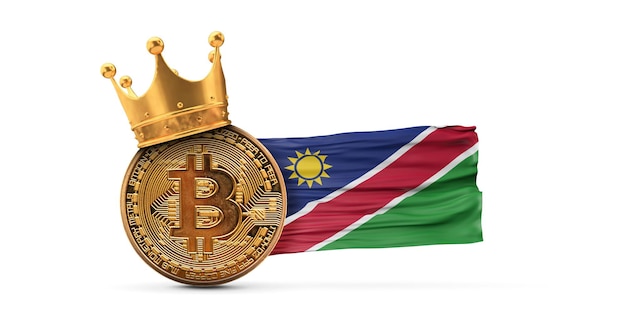 Bitcoin com coroa de ouro e conceito de rei de criptomoeda de bandeira da namíbia d renderização