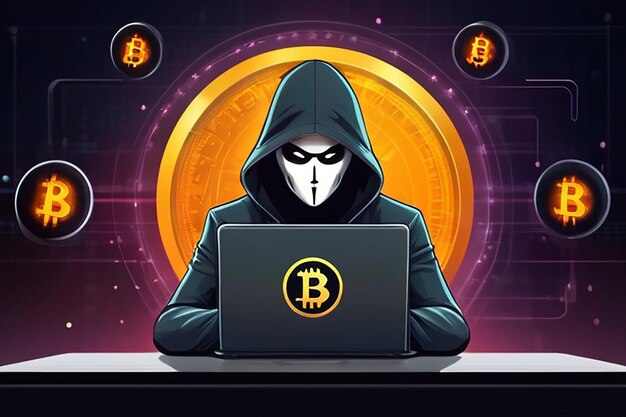 Bitcoin y concepto de ciberseguridad de criptomonedas con hacker detrás de la computadora portátil no protegida