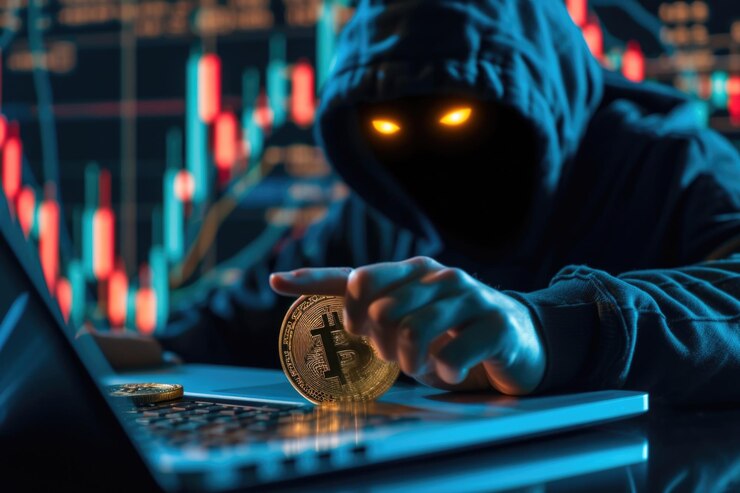 Foto bitcoin y concepto de ciberseguridad de criptomonedas con hacker detrás de la computadora portátil no protegida